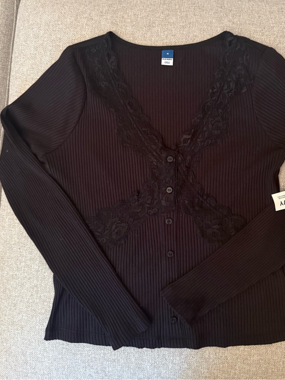 Old Navy Black Ribbed Lace-Trim Long-Sleeve Top M